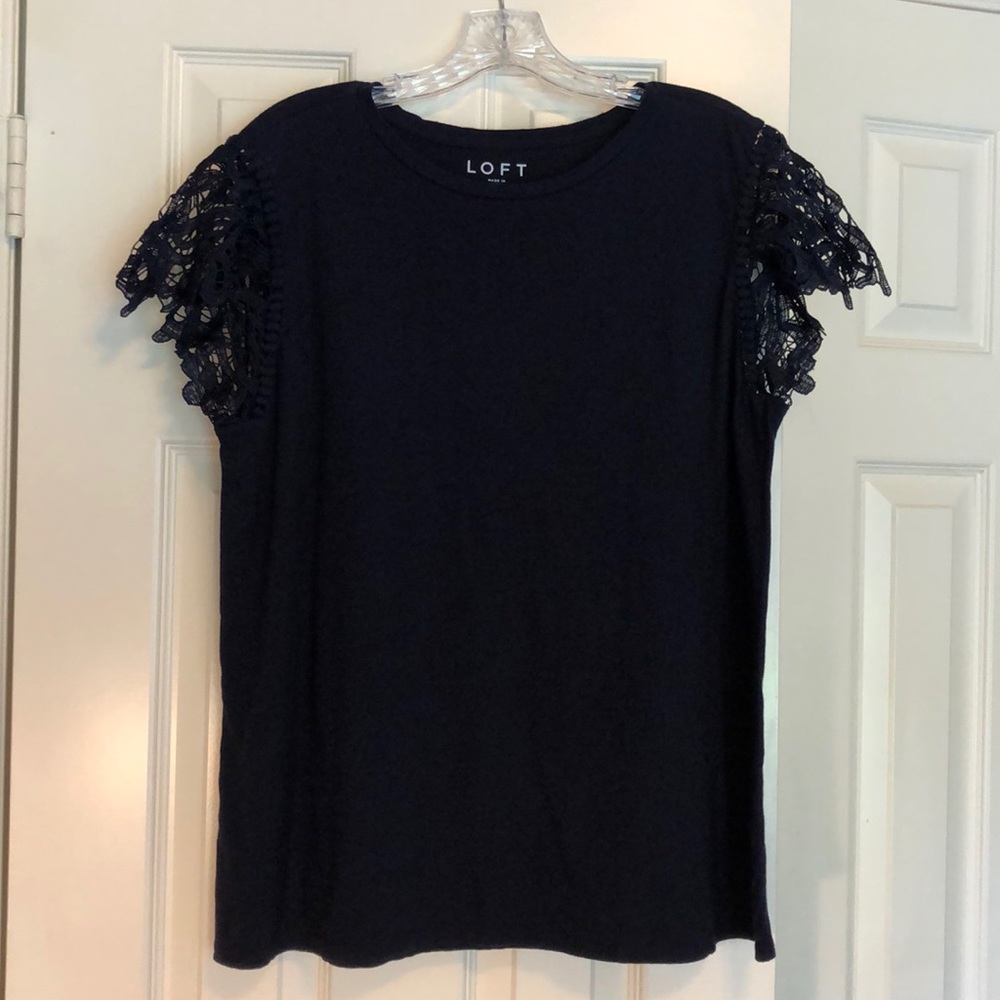 LOFT Navy T-shirt Lace Sleeves